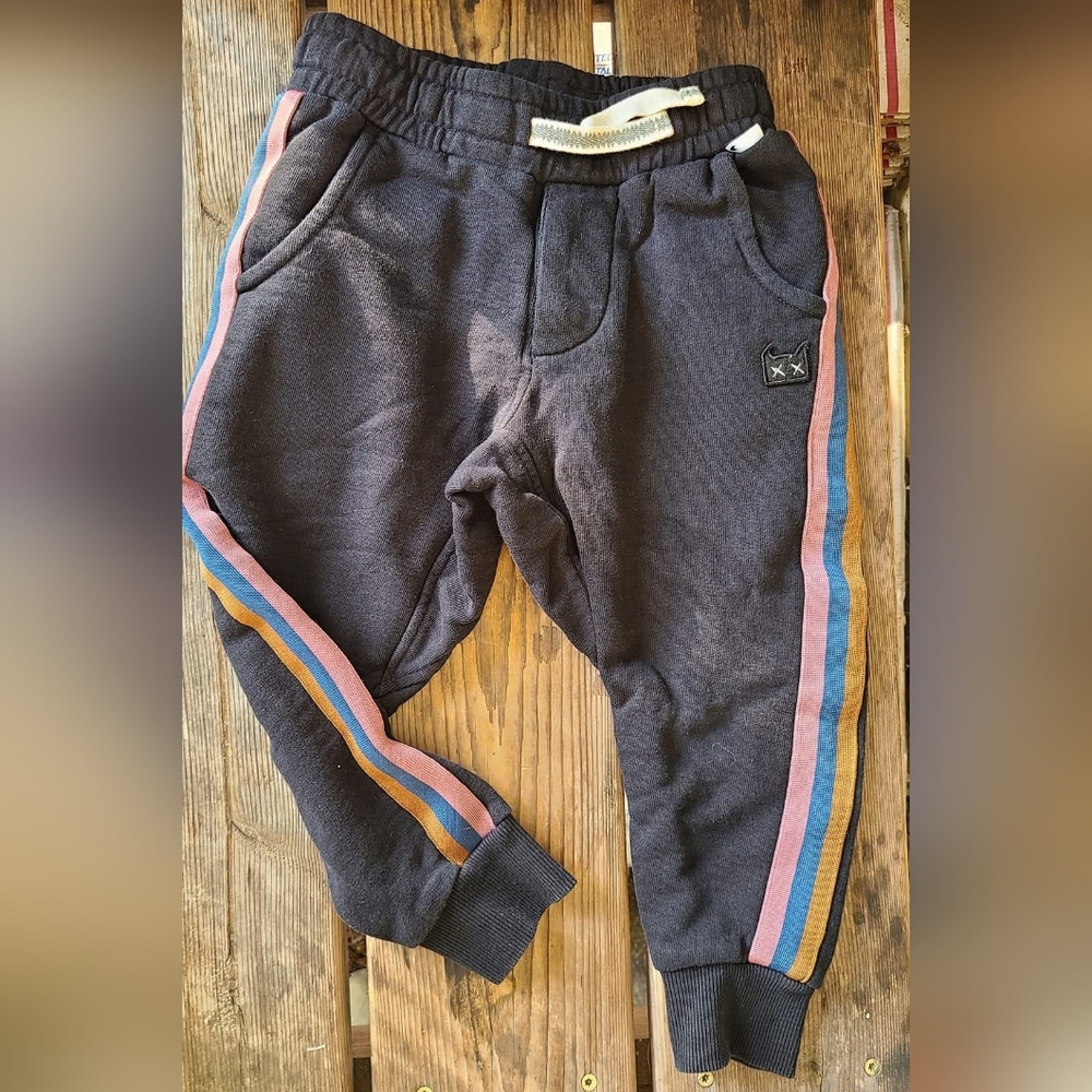 MUNSTER SZ 4 VGUC BLACK MUSTARD BLUE PINK stripe aplique jogger style sweatpants